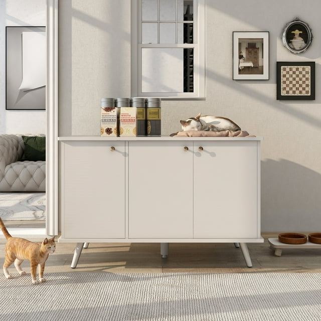 Vivifying Litter Box Enclosure, Cat Litter Box Furniture with Hidden Plug, 3 Doors,Indoor Cat Washroom Storage Bench Side Table Cat House, Large Wooden Enclused Litter Box House, Black and Walnut