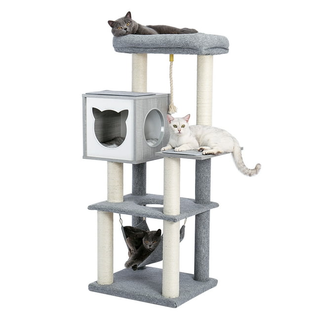 Vivifying Cat Tree for Indoor Cats 52Inches - Multi-Level Modern Wooden Cat Tower with Hammock and Scratching Posts and Cat Condo for Adult Cats