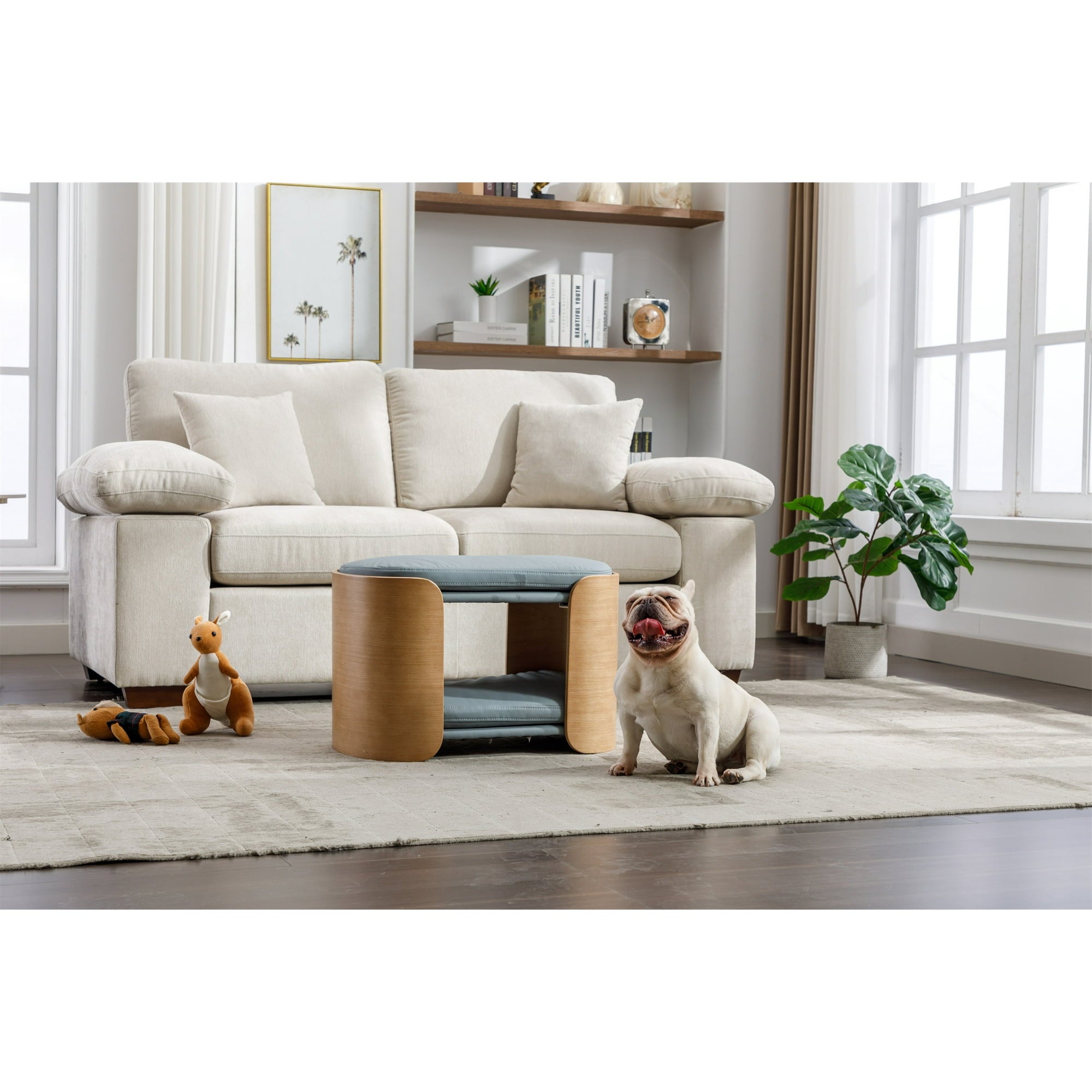 Vivifying Cat Bed Pet Sofa With Solid Wood legs and Bent Wood Back, Cat Scratch Resistant PU Cushion,Mid Size,LIGHT GREY