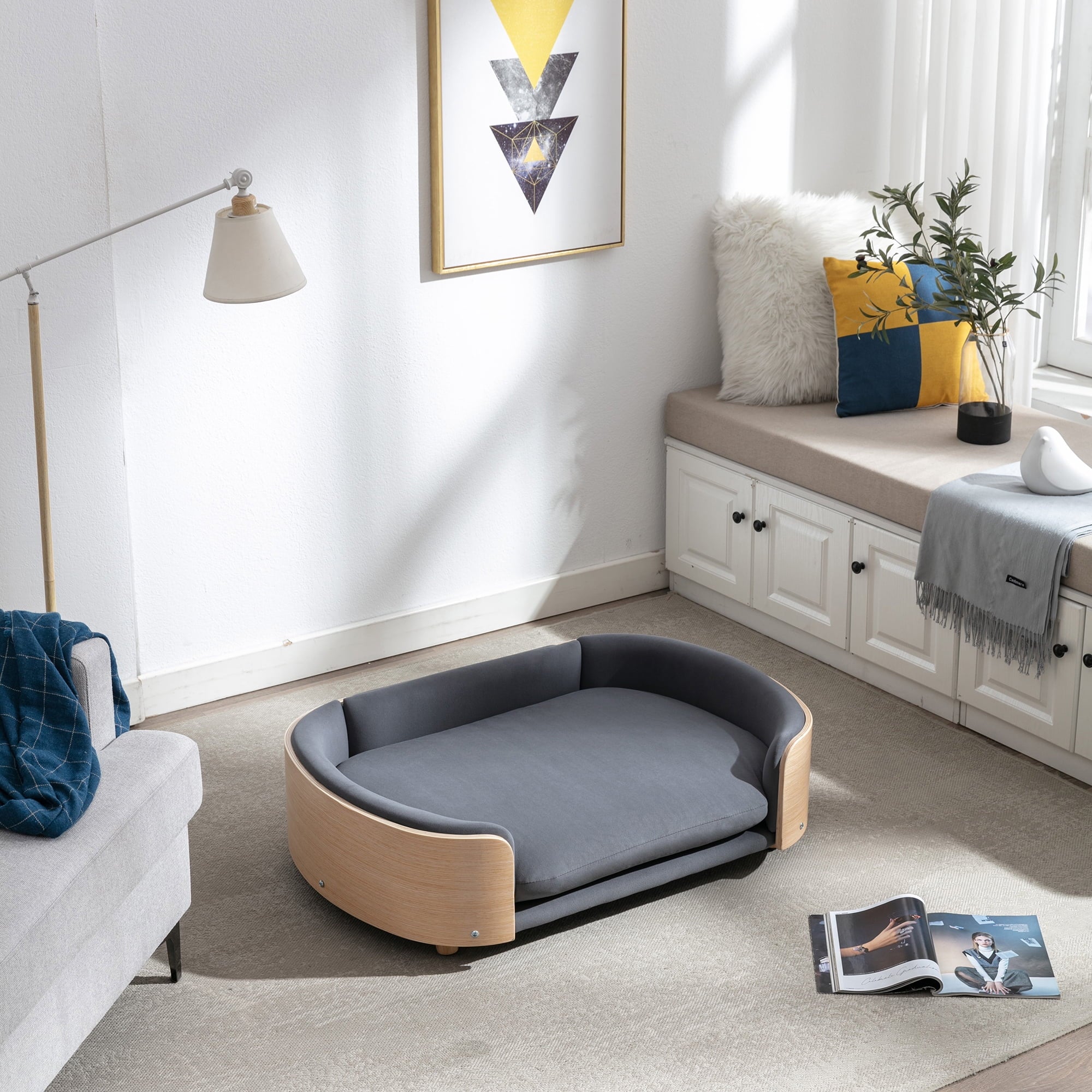 Vivifying Dog Bed Pet Sofa With Solid Wood legs and Bent Wood Back, Velvet Cushion,Large Size