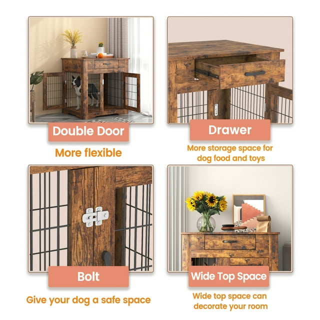 Vivifying Dog Crate End Table with Drawer, Pet Kennels with Double Doors , Furniture for Dogs Dog House Indoor Use, （Rustic Brown，29.92”w x 24.80”d x 30.71”h）