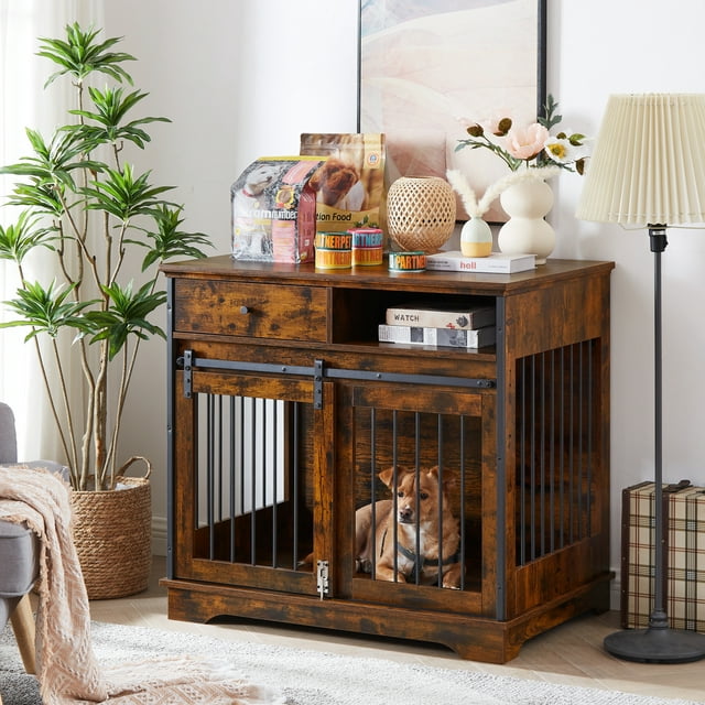 Vivifying Dog Crate Furniture,Modern Sliding Door Kennel for Small Medium Large Dogs up to 70 lb, Heavy-Duty Flip Top Dog Cage with Wheel, Double-Door Dog House