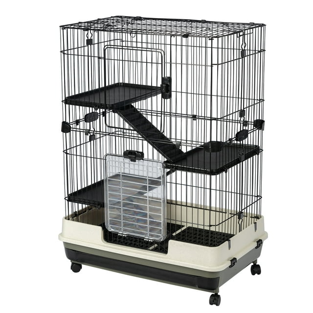 Vivifying 4-Tier 32"Small Animal Metal Cage Height Adjustable with Lockable Casters Grilles Pull-out Tray for Rabbit Chinchilla Ferret Bunny Guinea Pig Squirrel Hedgehog BLACK