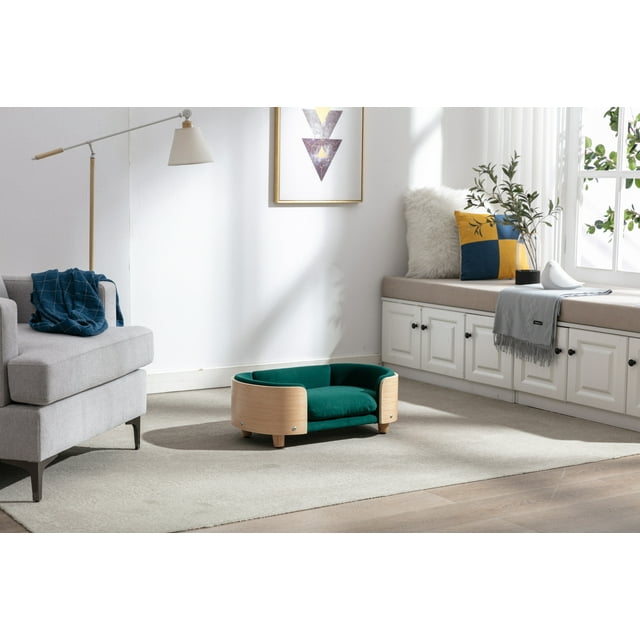 Vivifying Dog Bed Pet Sofa With Solid Wood legs and Bent Wood Back, Velvet Cushion,Small Size