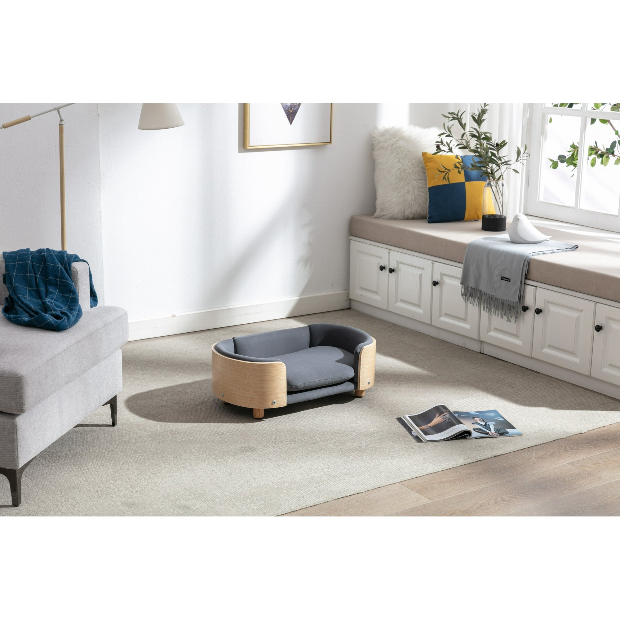 Vivifying Dog Bed Pet Sofa With Solid Wood legs and Bent Wood Back, Velvet Cushion,Small Size