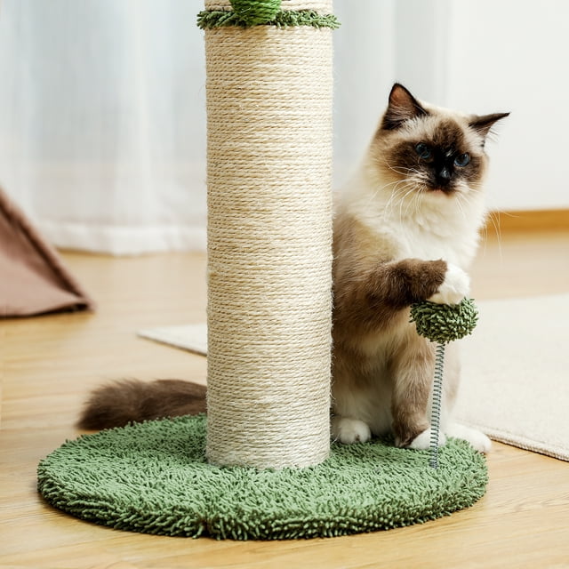 Vivifying Indoor Cactus Cat Scratcher 33.5" –Cactus style Natural Sisal Large Cat Tree Post with Teaser Ball Cat Toy, White&Green