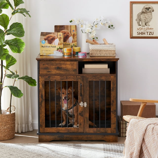 Vivifying Dog Crates, Indoor Pet Crate End Tables Decorative Wooden Kennels with Removable Trays(Rustic Brown,32.28’’W*22.83’’D*33.46’’H)