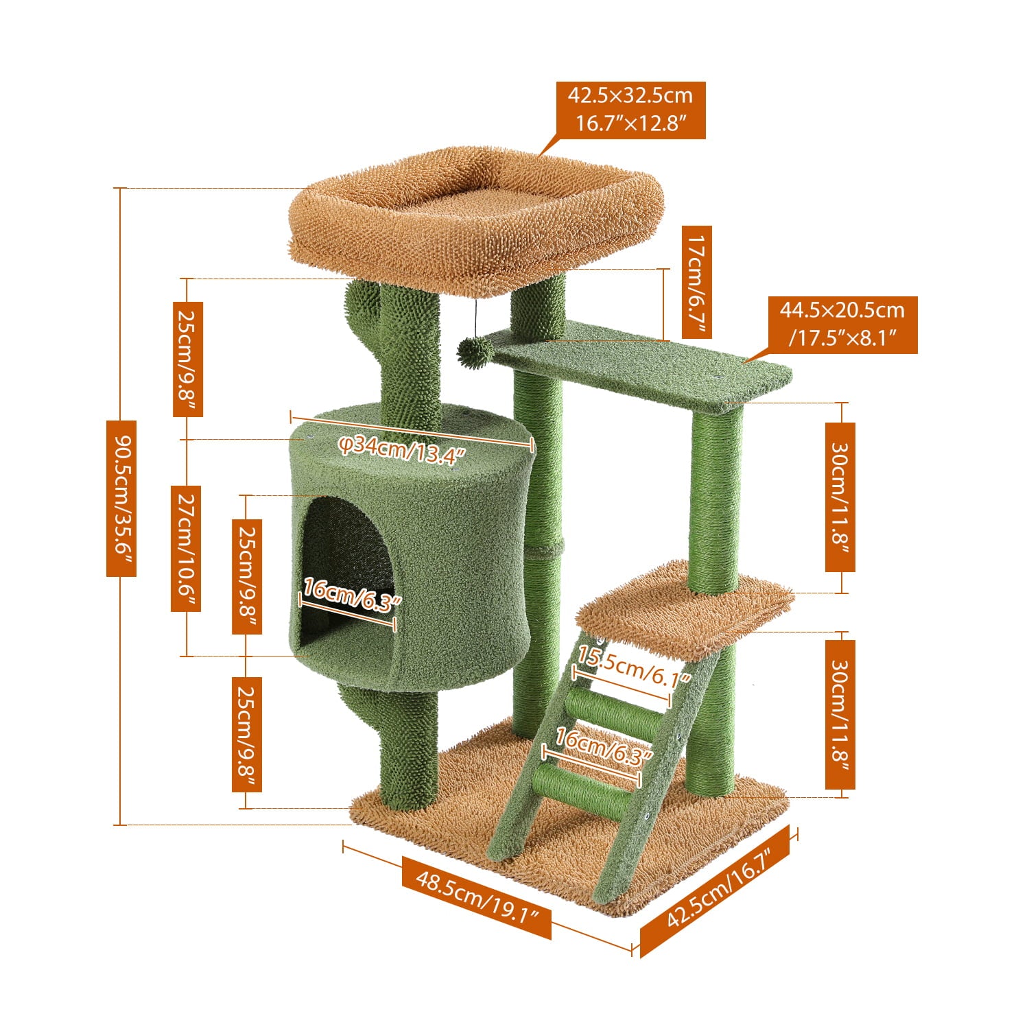 Vivifying Cat Tree Cactus Cat Tower with Sisal Scratching Post for Indoor Cats, Cozy Condo with Ladder, Plush Perches and Dangling Ball, Cat Furniture for Kittens Adult Cats