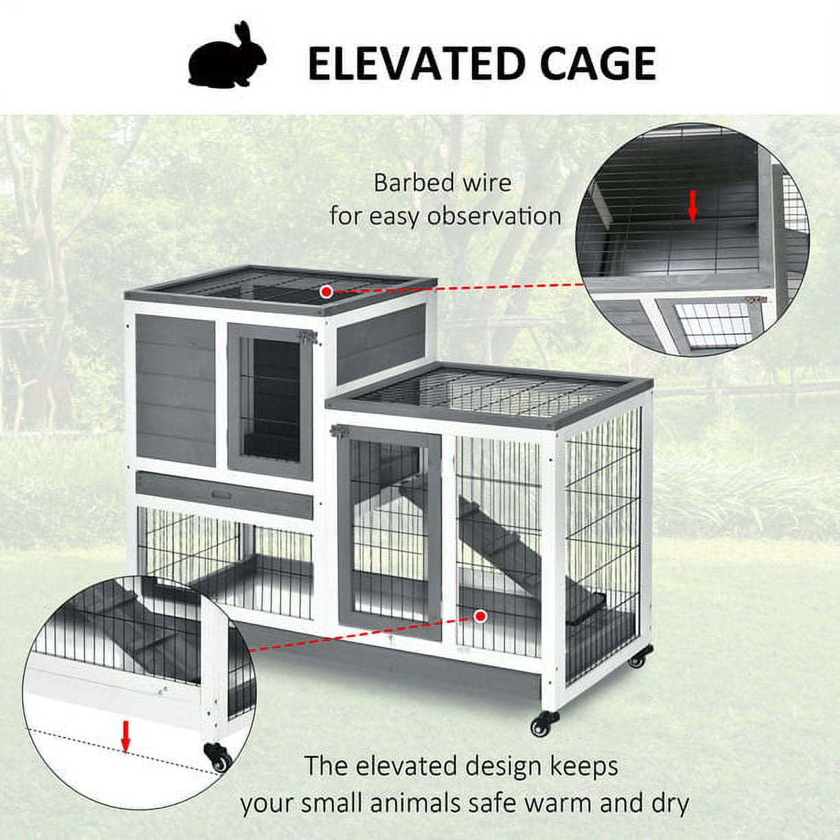 Vivifying 2-tier Wooden Rabbit Hutch with Upper House Area and Lower Play Area with Cage, Great for Bunnies,with Enclosed Run with Wheels, Ramp, Removable Tray Ideal